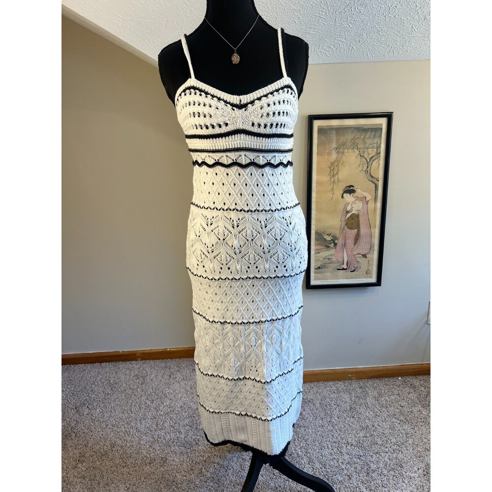Crochet Maxi Slip Dress White Pointelle Knit Boho Resort Beach Small Cover Up